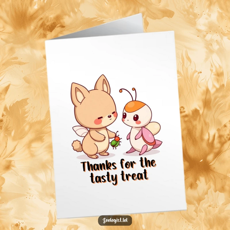 Funny Free Printable Thank You Card: Cute animal character offering a friend a bug, a humorous and kind way to say thanks download.