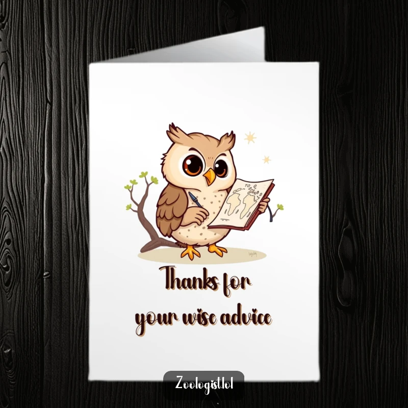 Funny free printable thank you card: A cheerful owl wearing glasses meticulously sketching a savanna map, expressing thanks with a smile.