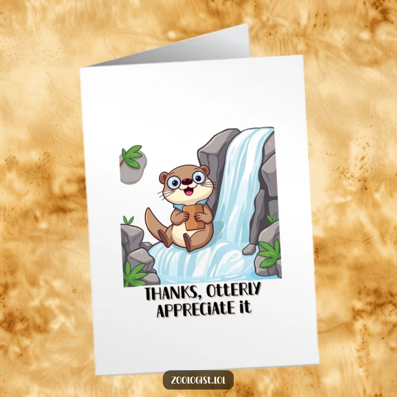 Funny free printable Kawaii otter zoologist holding a clipboard while sliding down a waterfall, expressing thanks.