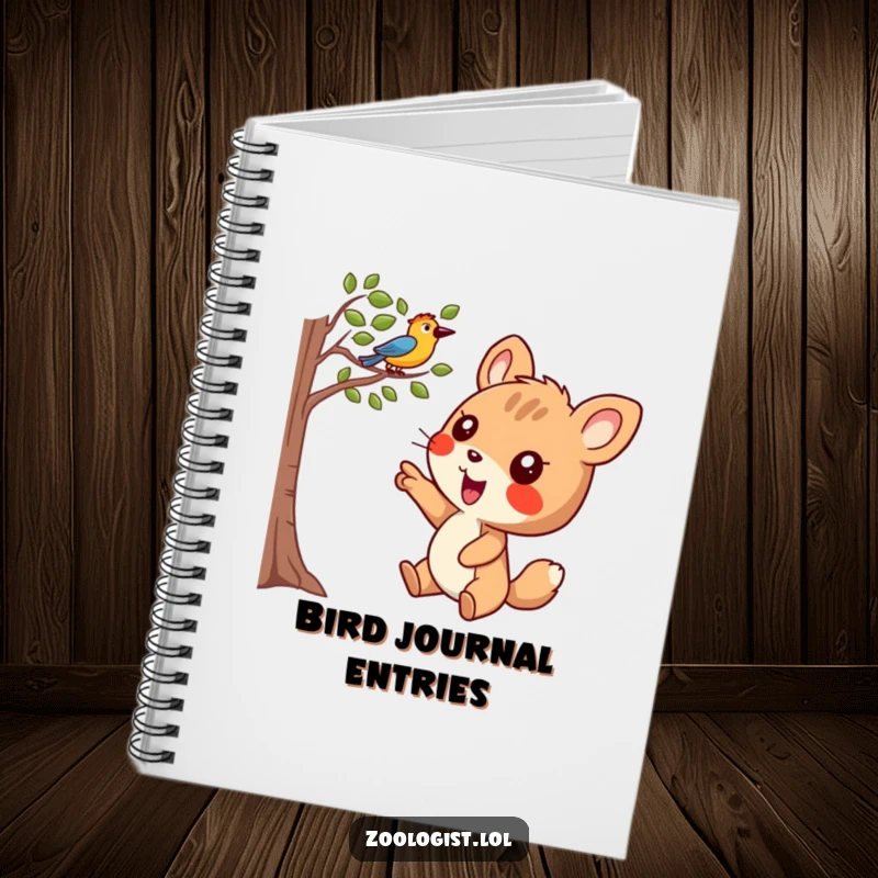 Funny Notebook: Joyful animal character pointing excitedly at a bird in a tree, ideal for jotting down happy moments.