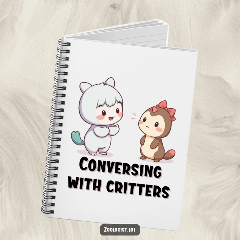 Funny notebook cover with a character gently trying to communicate with a shy creature, ideal for note-taking.
