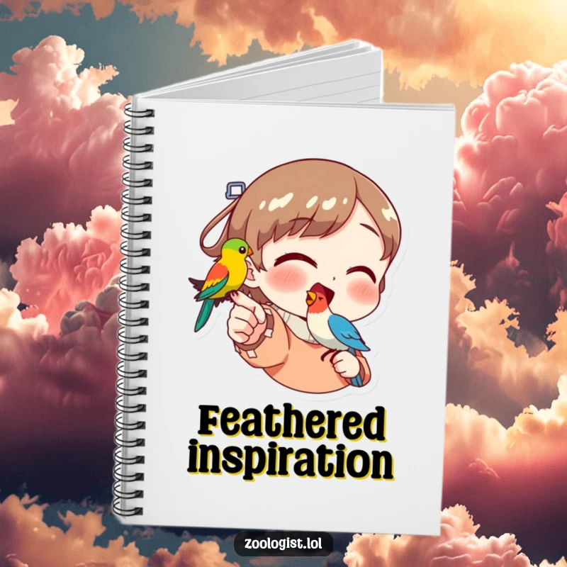 Funny notebook cover displaying a character excitedly pointing at a vibrant bird perched on their finger, ideal for note-taking.