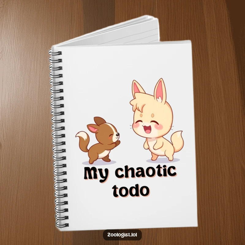 Funny notebook cover with a character giggling while watching two animals playfully chase each other, ideal for notes.