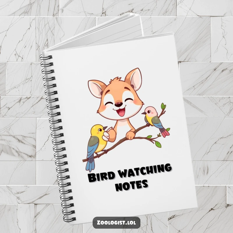 Funny happy animal gazer pointing excitedly at a small bird, lined notebook, nature journal, perfect funny gift.