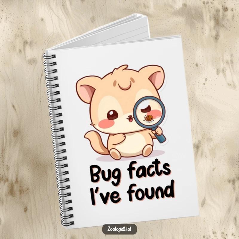 Funny Notebook: Playful animal character with a magnifying glass, inspecting a small bug, ideal for field notes.