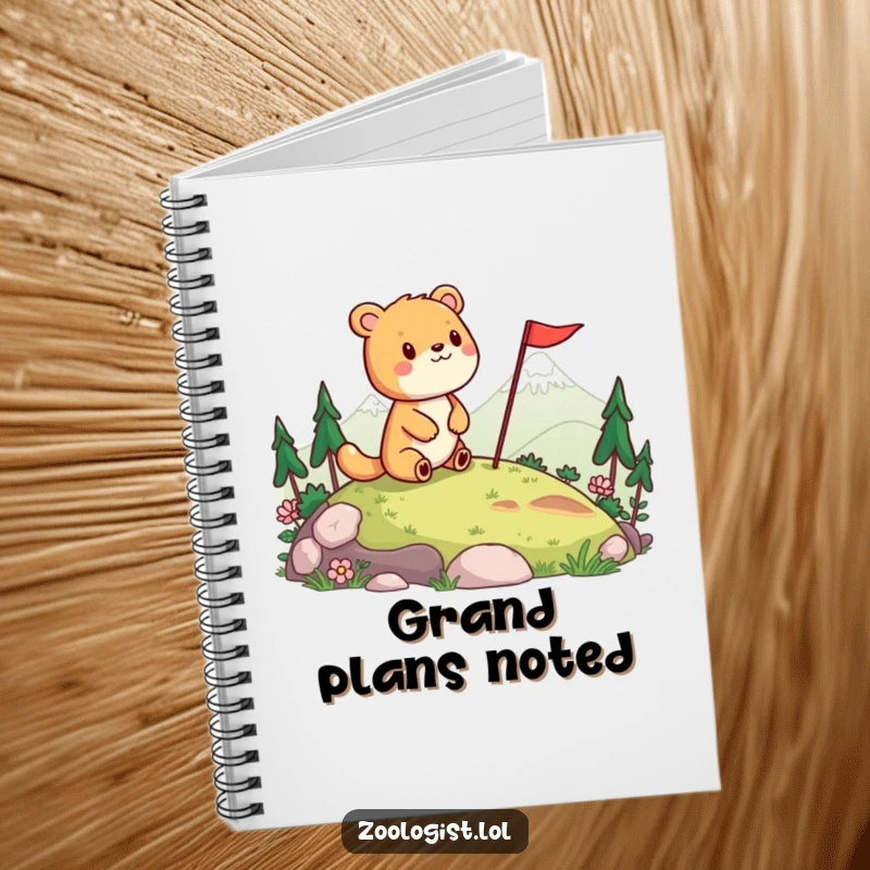 Funny notebook featuring a cheerful animal surveying a landscape and planting a flag, perfect for recording adventures and achievements.