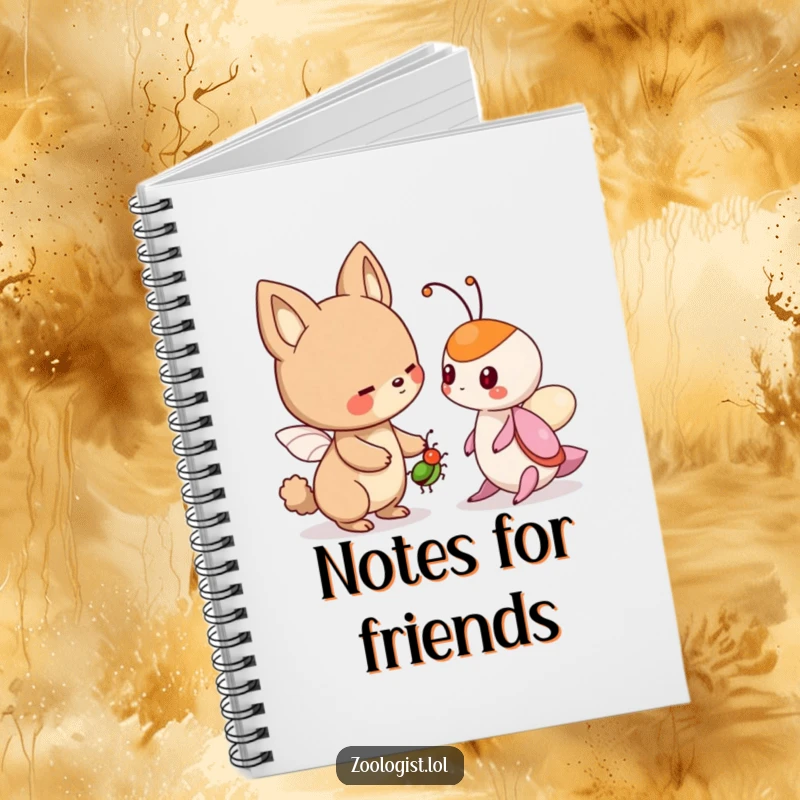 Funny notebook featuring a cute animal character offering a friendly bug to another creature, ideal for jotting down kind thoughts.