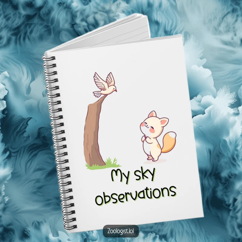Funny notebook cover featuring a cute animal character joyfully watching a bird in flight, ideal for jotting down happy thoughts.