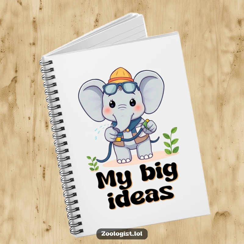 Funny Kawaii Elephant Zoologist Notebook: A cheerful elephant zoologist happily waters a plant, ideal for jotting down botanical notes with humor.