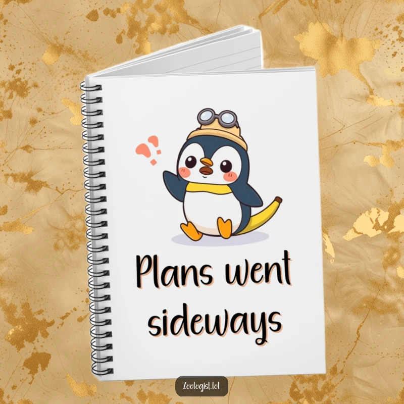 Funny surprised Kawaii penguin zoologist character slipping on a banana peel on a notebook cover, cute and funny gift.
