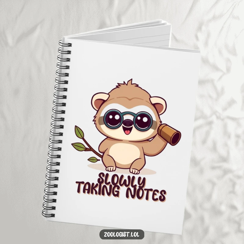 Funny happy Kawaii sloth zoologist character wearing binoculars, looking amazed on a notebook cover, cute and funny gift.