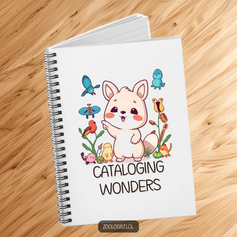 Funny notebook cover with a cute animal character excitedly pointing at a collection of specimens, celebrating the joy of collecting.