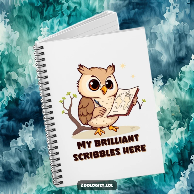 Funny owl notebook, a cheerful owl drawing a savanna map, perfect for jotting down ideas and plans, a creative stationery item.