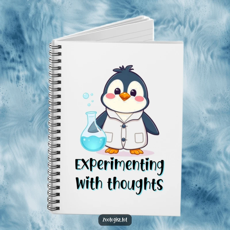 Funny happy penguin character in a lab coat, surprised by a bubbling beaker, on a notebook cover for jotting ideas.