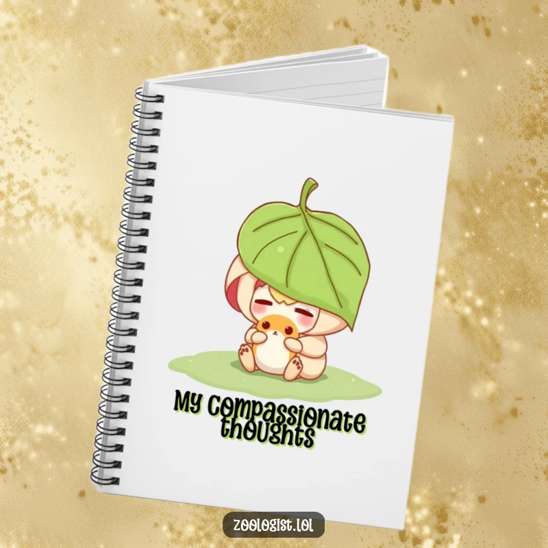Funny character sheltering a small animal under a leaf, displayed on the cover of a notebook for kind reflections.