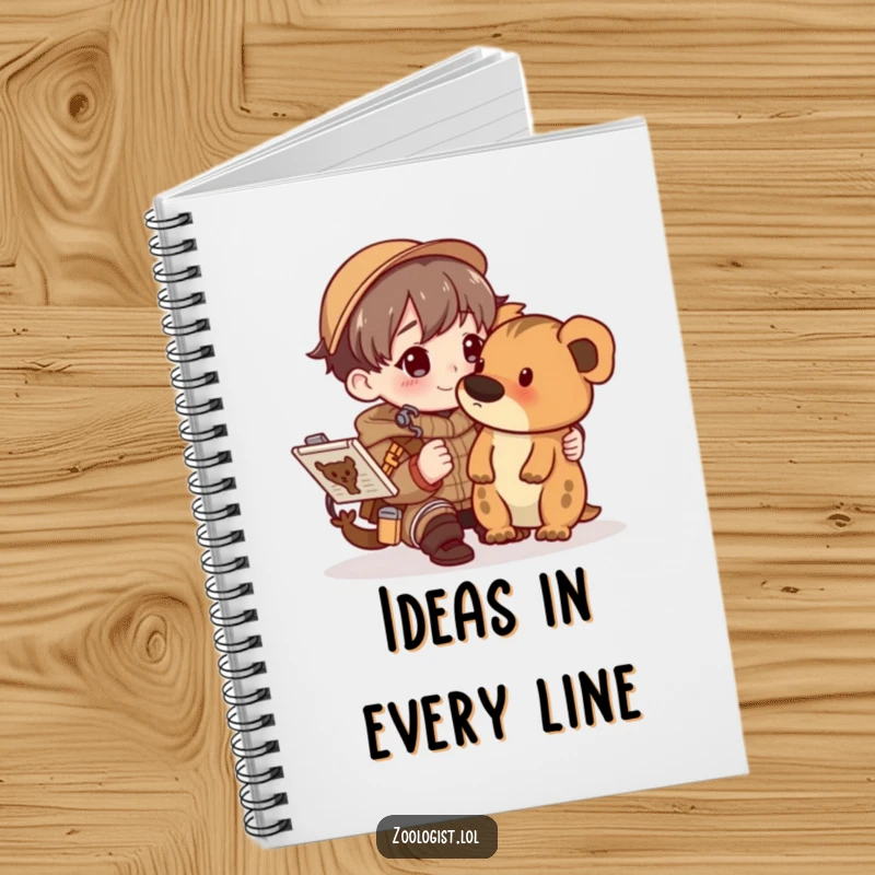 Funny character happily sketching an animal in a detailed field guide, displayed on the cover of a notebook for creative work.