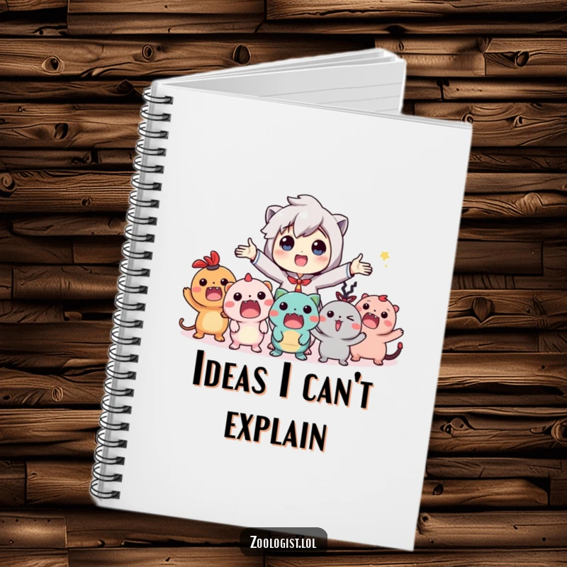 Funny notebook with a character gesturing to imaginary creatures, ideal for capturing creative thoughts and daily plans.