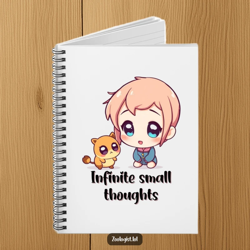 Funny notebook cover displaying a character with dramatically wide, amazed eyes, captivated by a small creature, perfect for note-taking.