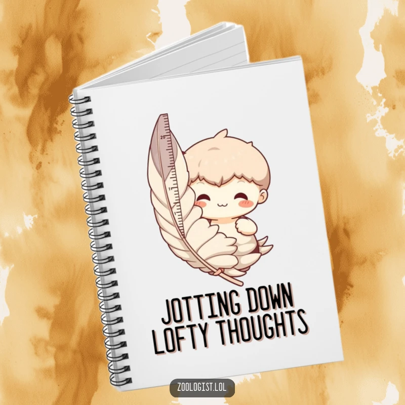 Funny notebook cover with a character humorously measuring a giant feather, perfect for capturing funny ideas and notes.
