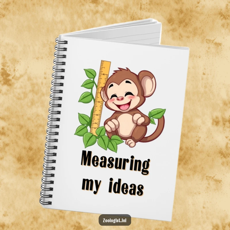Funny giggling monkey character trying to measure a vine with a ruler, on a notebook cover for jotting ideas.