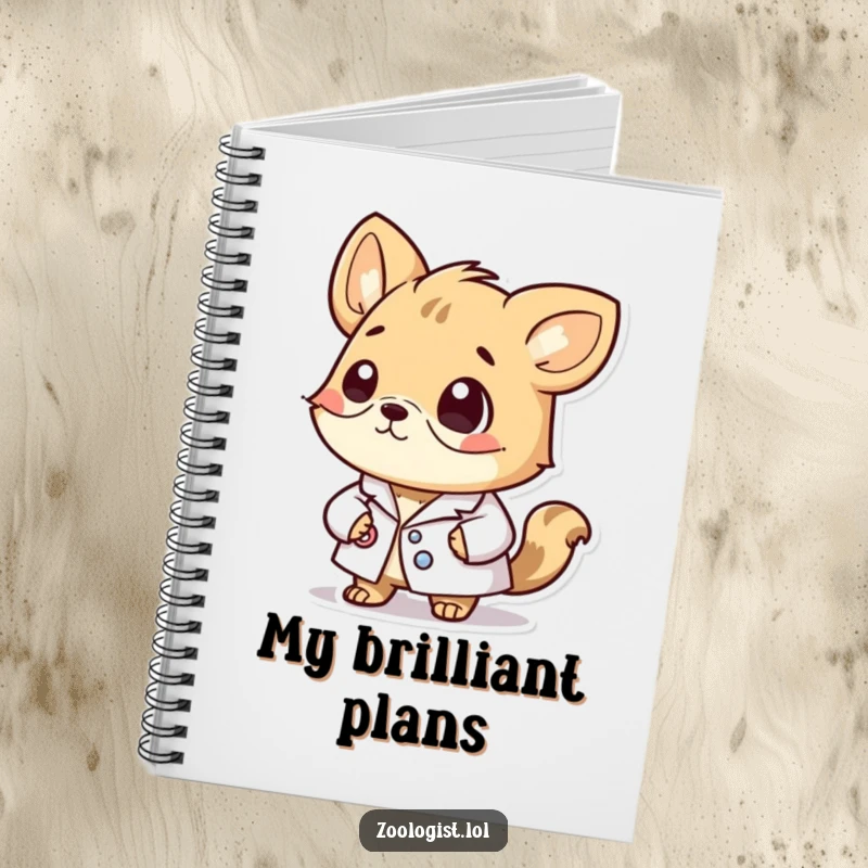 Funny notebook cover featuring a cute animal character in a lab coat, appearing deeply thoughtful and ready for scientific inquiry.