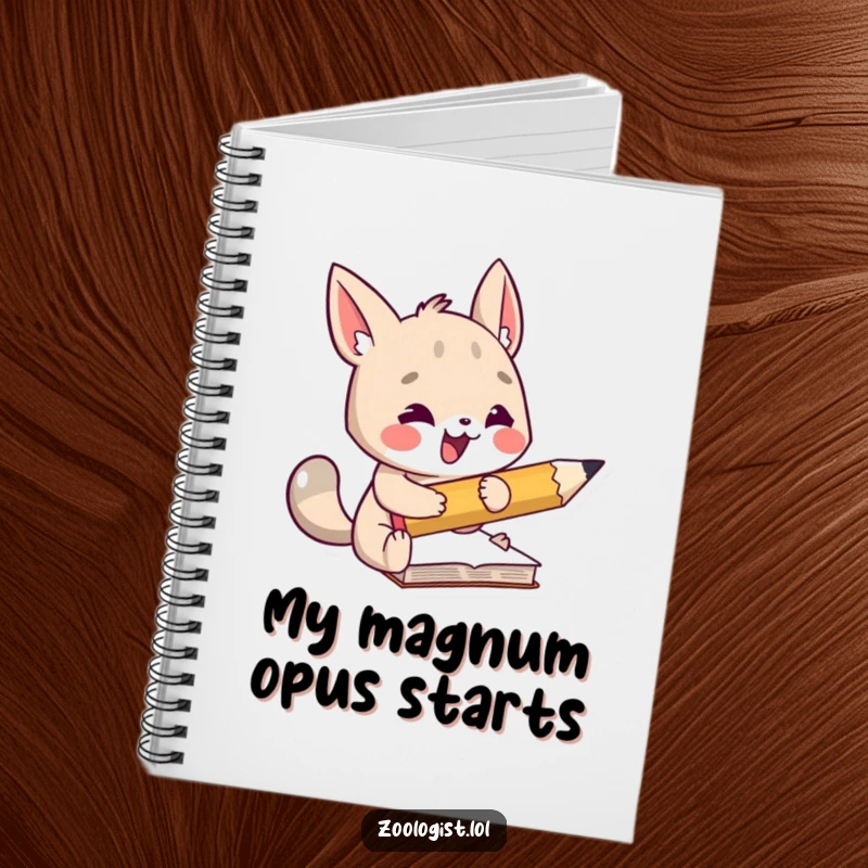 Funny notebook with an animal character taking notes using a comically large pencil, perfect for jotting down thoughts with humor.