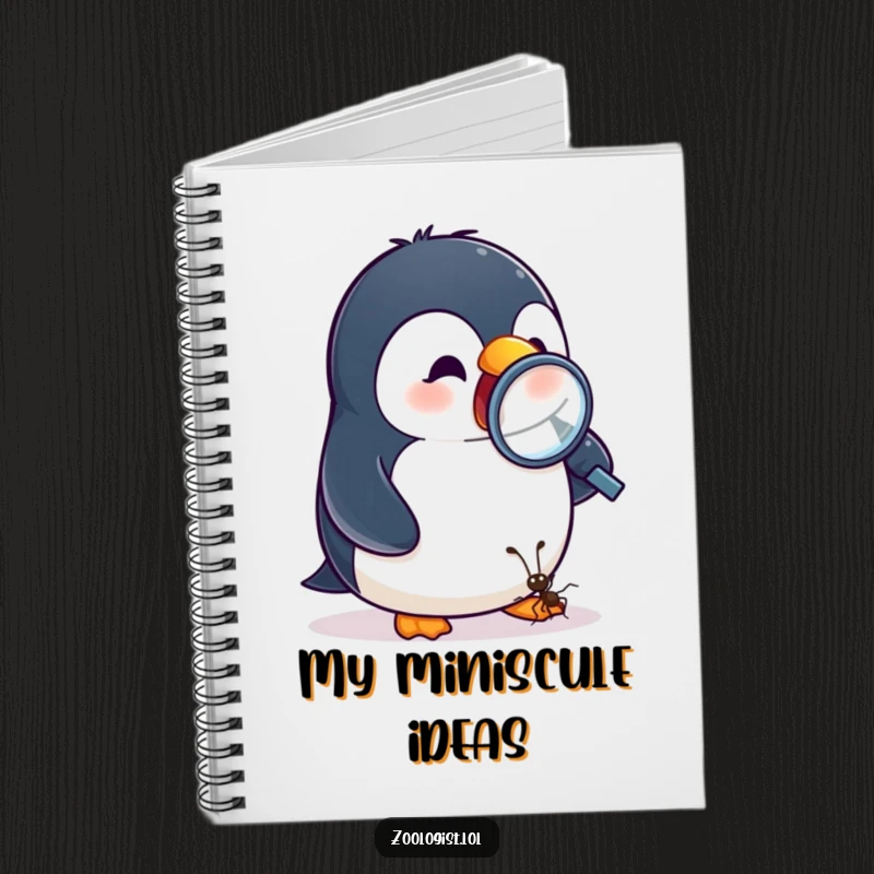 Funny notebook with an excited penguin observing a tiny ant with a magnifying glass, perfect for detailed observation.