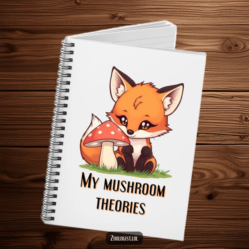 Funny fox notebook displaying a curious fox looking at a mushroom, perfect for journaling and creative note-taking.