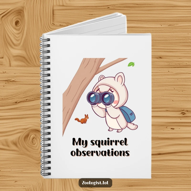 Funny squirrel spotting notebook with a cute character using binoculars to excitedly view a distant, playful squirrel, perfect for notes.