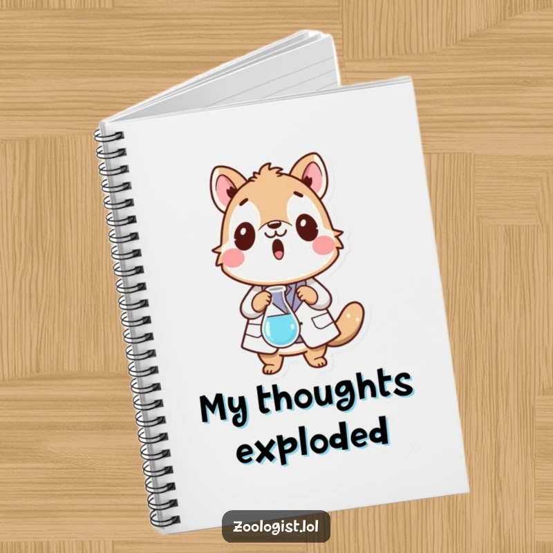 Funny notebook featuring a surprised animal character in a lab coat dropping a beaker, ideal for jotting down scientific observations.