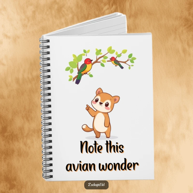 Funny notebook cover with a cute animal character pointing upwards with wonder at a beautifully colored exotic bird in a tree.