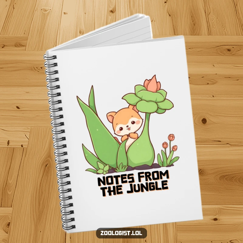 Funny notebook cover with a cute animal character curiously investigating a large plant, perfect for jotting down funny thoughts and ideas.