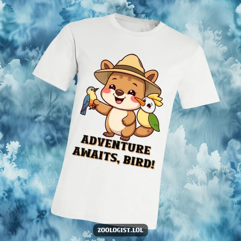 Funny t-shirt featuring a happy animal explorer in a safari hat pointing excitedly at a curious bird, promoting exploration and joy.