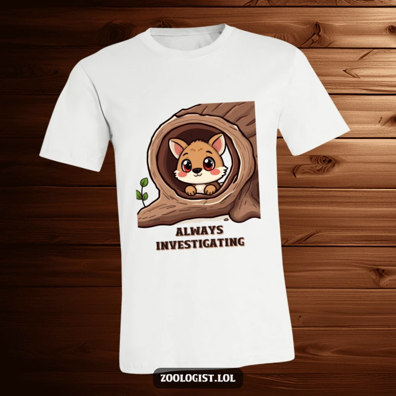 Funny t-shirt depicting a curious animal with wide eyes gazing into a hollow log, capturing a moment of discovery and humor.