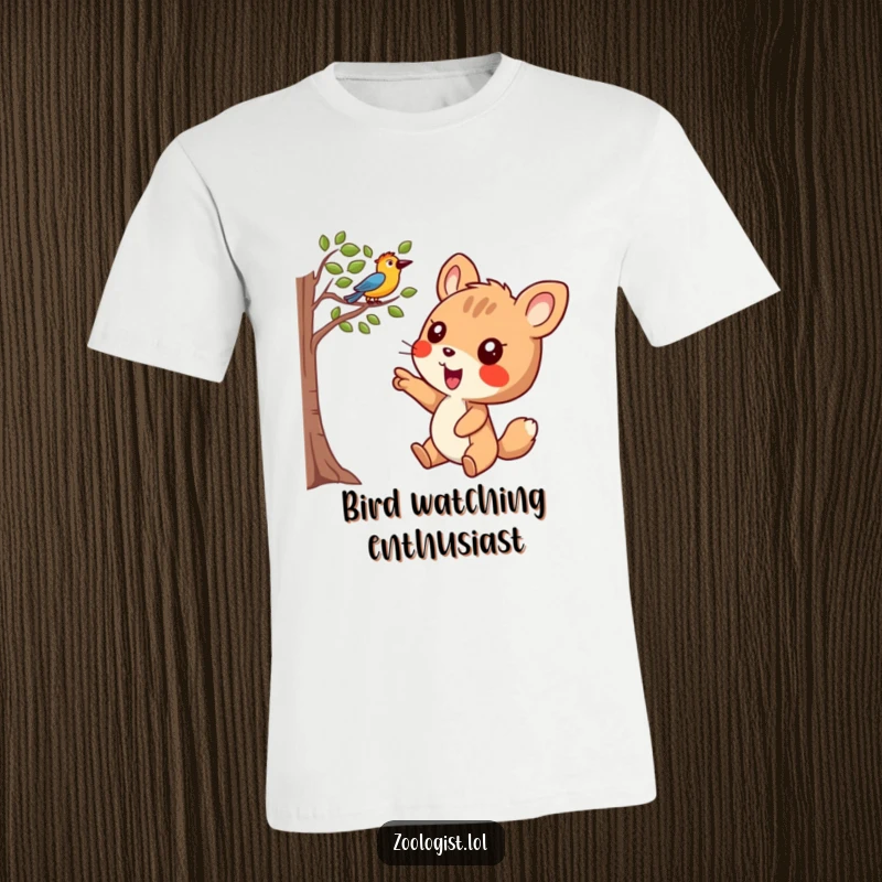 Funny T-Shirt: Joyful animal character excitedly points at a bird in a tree, embodying pure excitement and nature appreciation.
