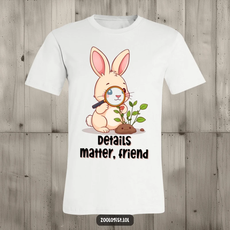 Funny T-Shirt: Cute rabbit using a magnifying glass to closely inspect a plant, embodying curiosity and nature appreciation.