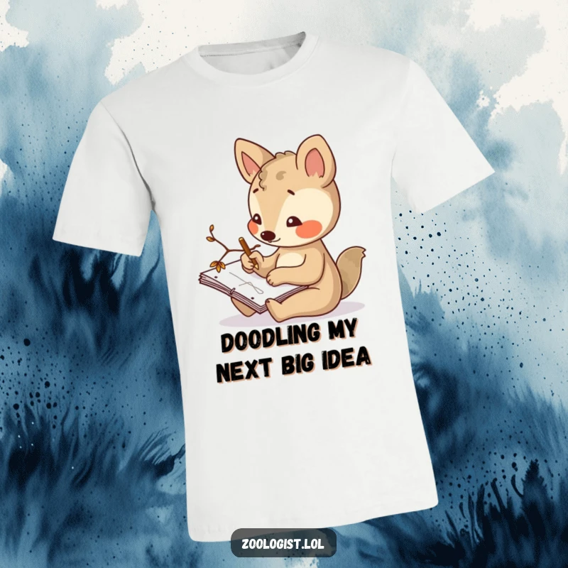 Funny t-shirt depicting a curious animal character sketching in a notepad with a twig, celebrating the joy of art and creativity.