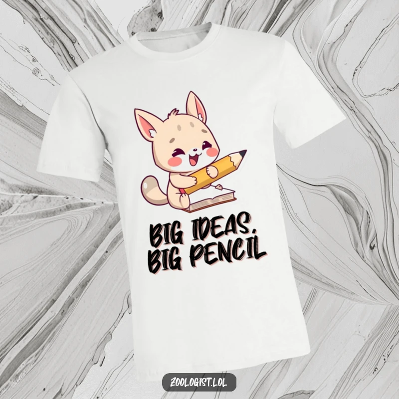 Funny t-shirt depicting an energetic animal character taking notes with an oversized pencil, highlighting focus and humorous dedication.