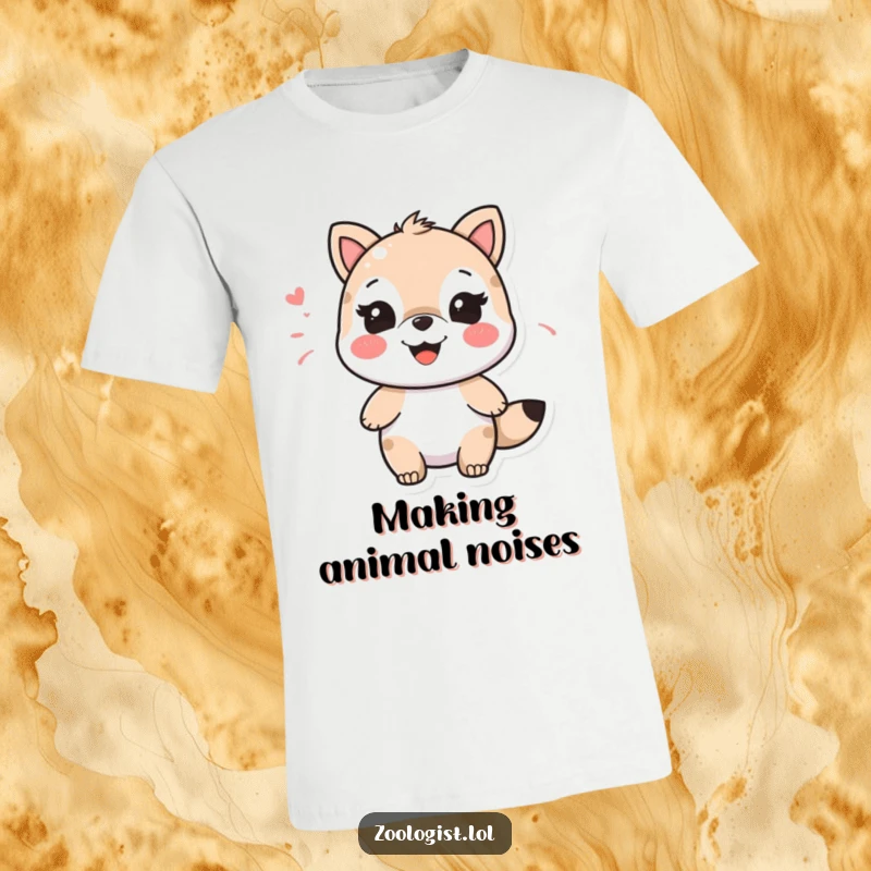 Funny character joyfully imitating an animal sound with a wide, happy smile, a funny t-shirt.