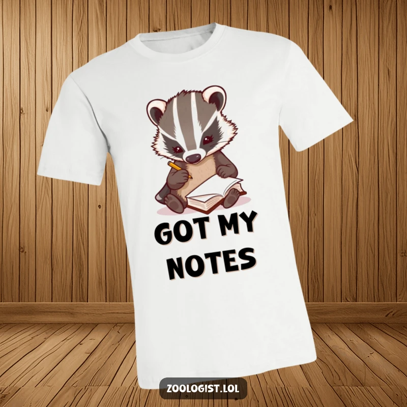 Funny curious badger zoologist scribbling notes rapidly in a tiny book, note-taking t-shirt, nature study, perfect funny gift.
