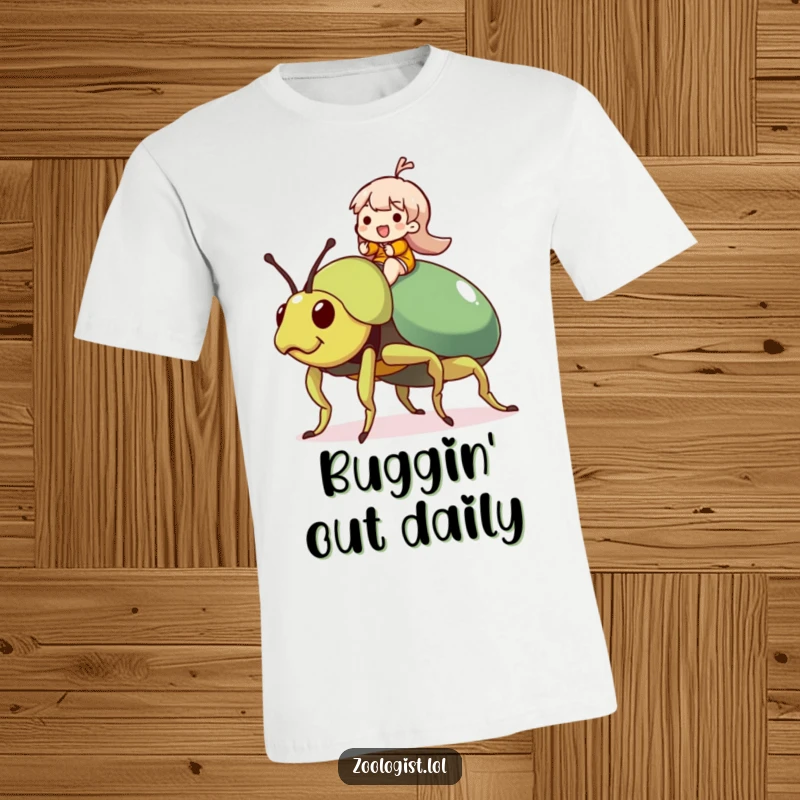 Funny Beetle Rider T-Shirt: Character gleefully rides a giant, friendly beetle, highlighting pure joy and an eccentric sense of adventure.