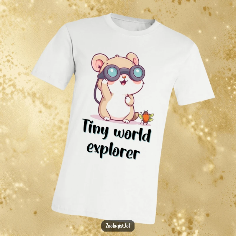 Funny t-shirt with a small animal character cheerfully using binoculars to look at a tiny bug, perfect for nature lovers.