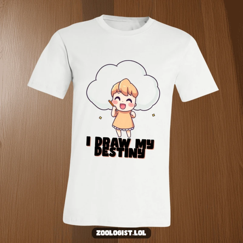 Funny t-shirt illustration of a character enthusiastically drawing a large, uniquely shaped cloud, perfect for art lovers.