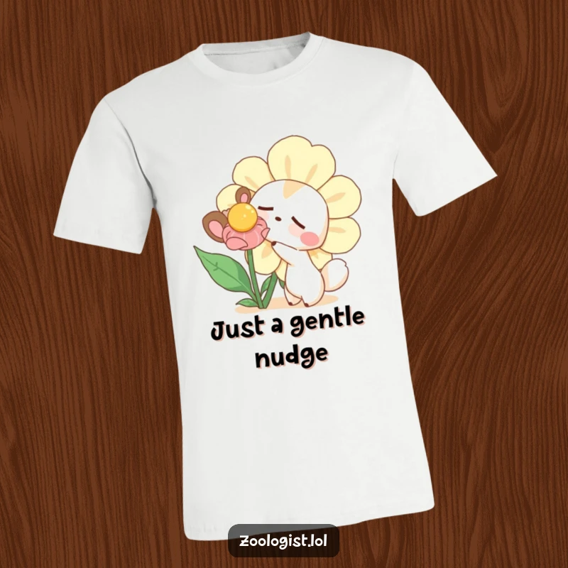 Funny t-shirt featuring a charming curious animal character gently poking a large, sleepy flower, expressing innocent wonder and humor.