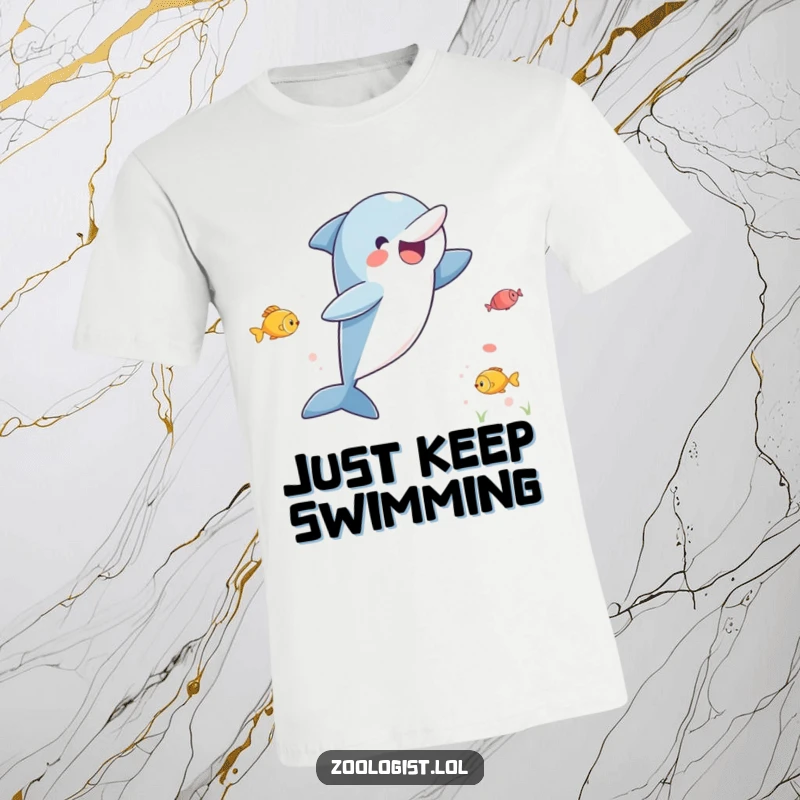 Funny t-shirt showing an ecstatic dolphin mid-air, joyfully leaping while looking down at delicious fish, radiating pure excitement.
