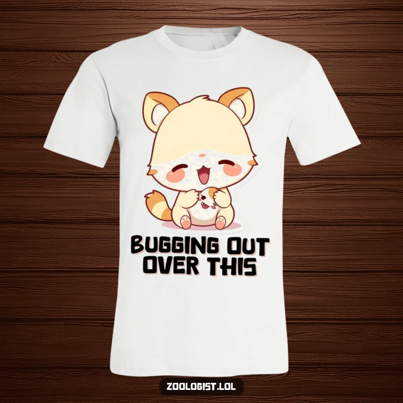 Funny t-shirt of a cute animal character with big, expressive eyes excitedly examining a very small creature, capturing pure fascination.