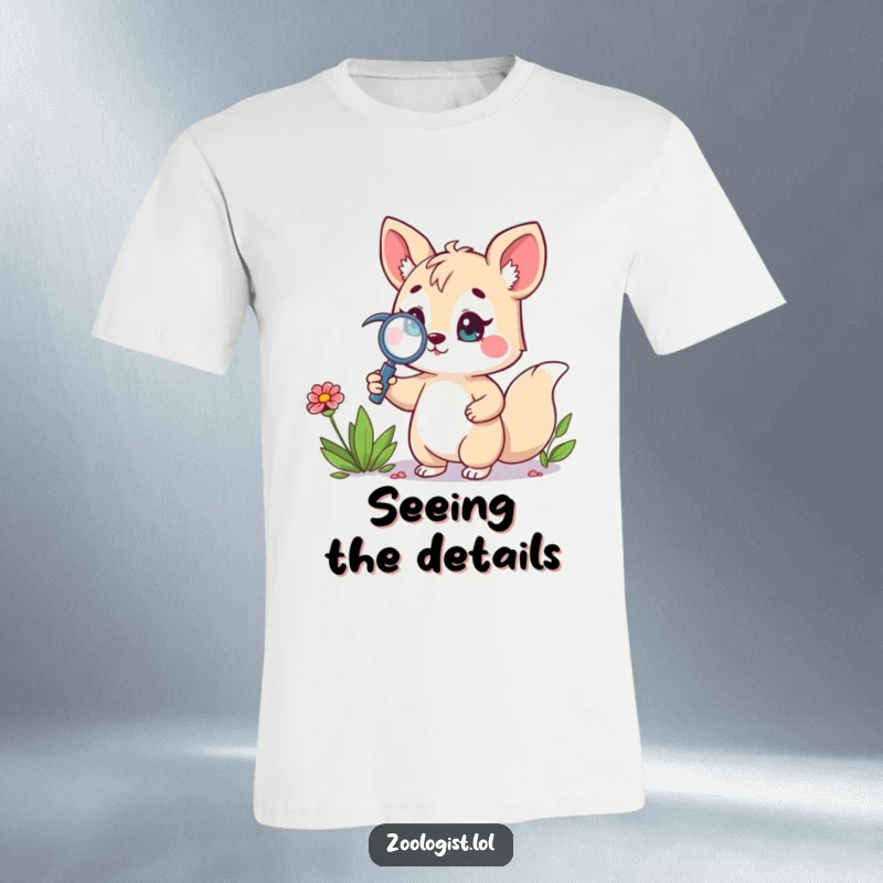 Funny t-shirt featuring a cute animal character holding a magnifying glass, peering closely at a wildflower, exuding pride and scientific interest.