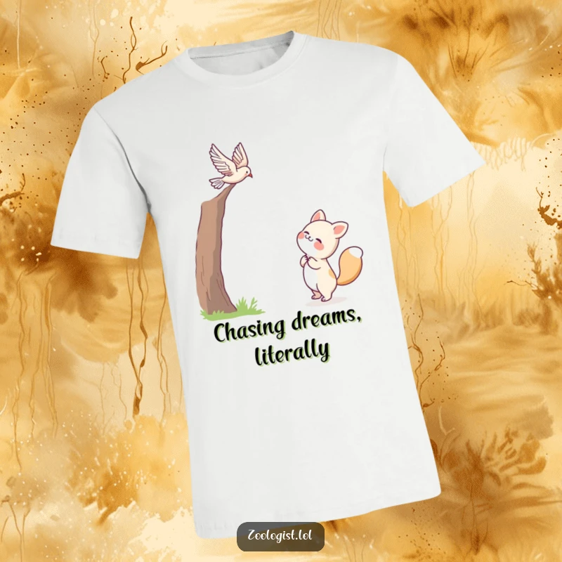 Funny t-shirt of a cute animal character with a happy expression watching a bird gracefully fly overhead, capturing pure joy.