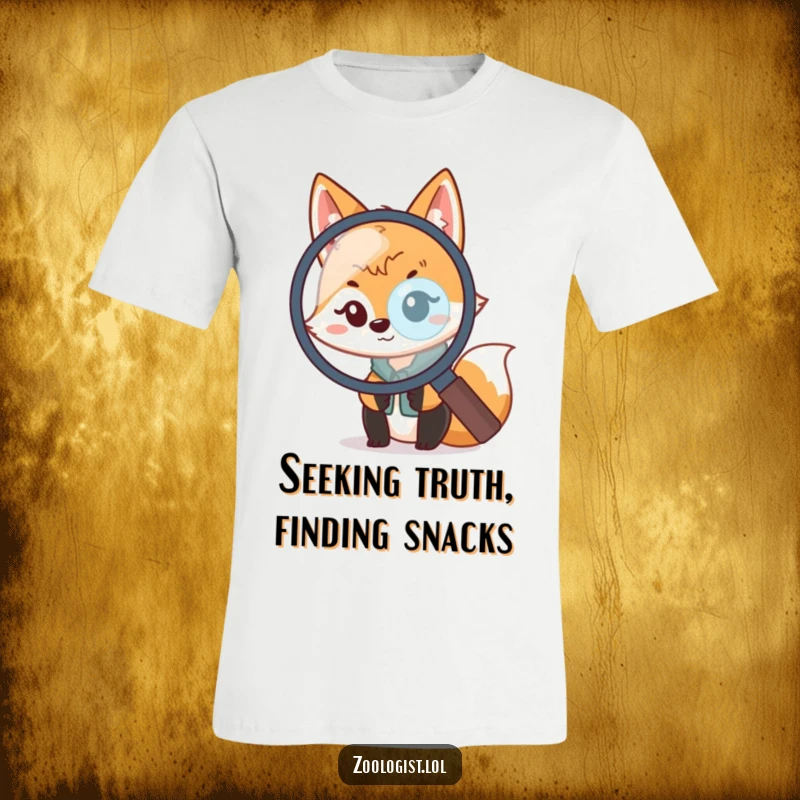 Funny Kawaii Fox Zoologist T-Shirt: A playful fox scientist peeking from behind a magnifying glass, perfect for funny explorer tees.