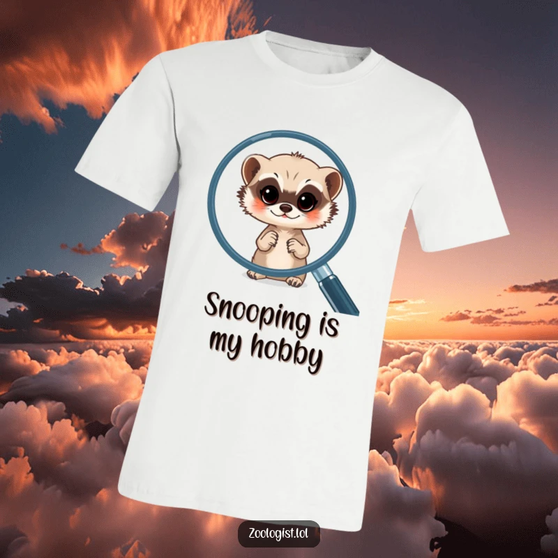 Funny meerkat t-shirt with a playful meerkat peering intently through a giant magnifying glass, highlighting its inquisitive nature.